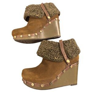 OTBT Arvin Suede Wedge Ankle Boots With Faux Fur Cuffs & Stud Accents